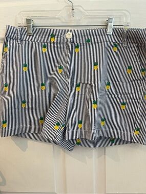 crown & ivy Navy and White Striped Shorts with Yellow Pineapple Embroidery